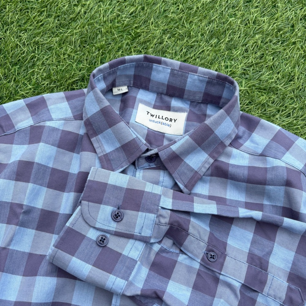 Twillory Button Down Shirt Mens M-L Blue Purple Check Untuckable Tailored Fit